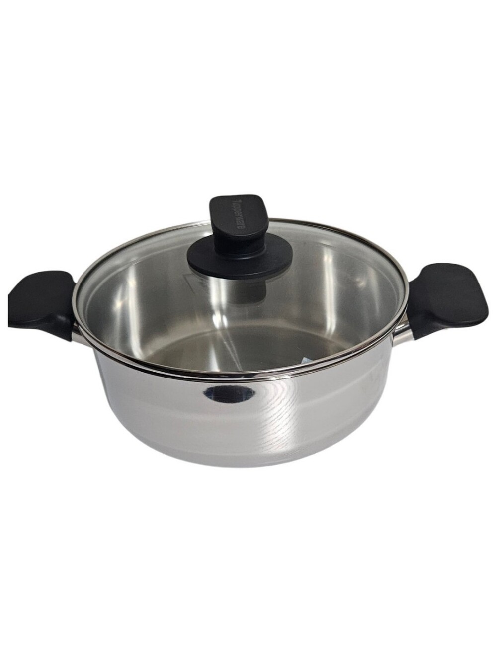 Tupperware Silver Stainless Steel Casserole with Black Handles and Glass Lid